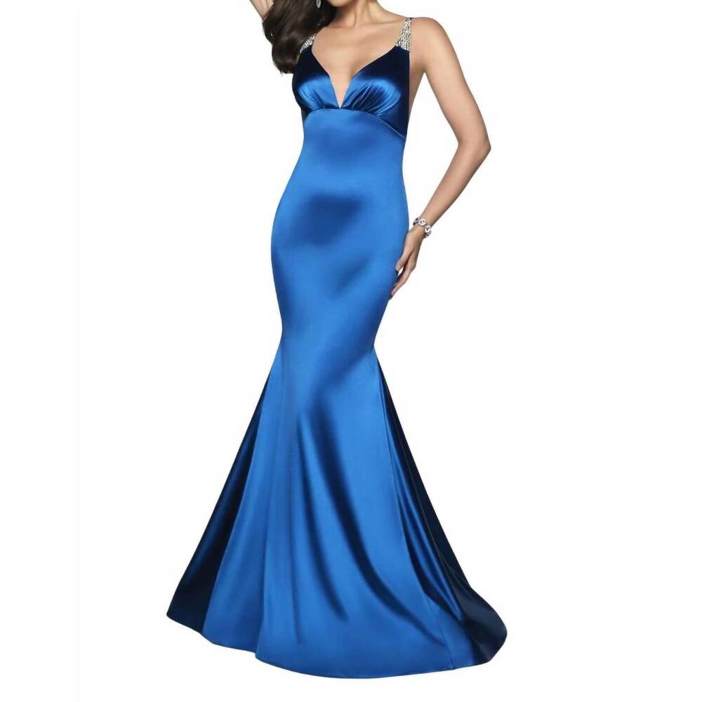 NEW BLUSH PROM satin jersey strappy mermaid evening gown in royal